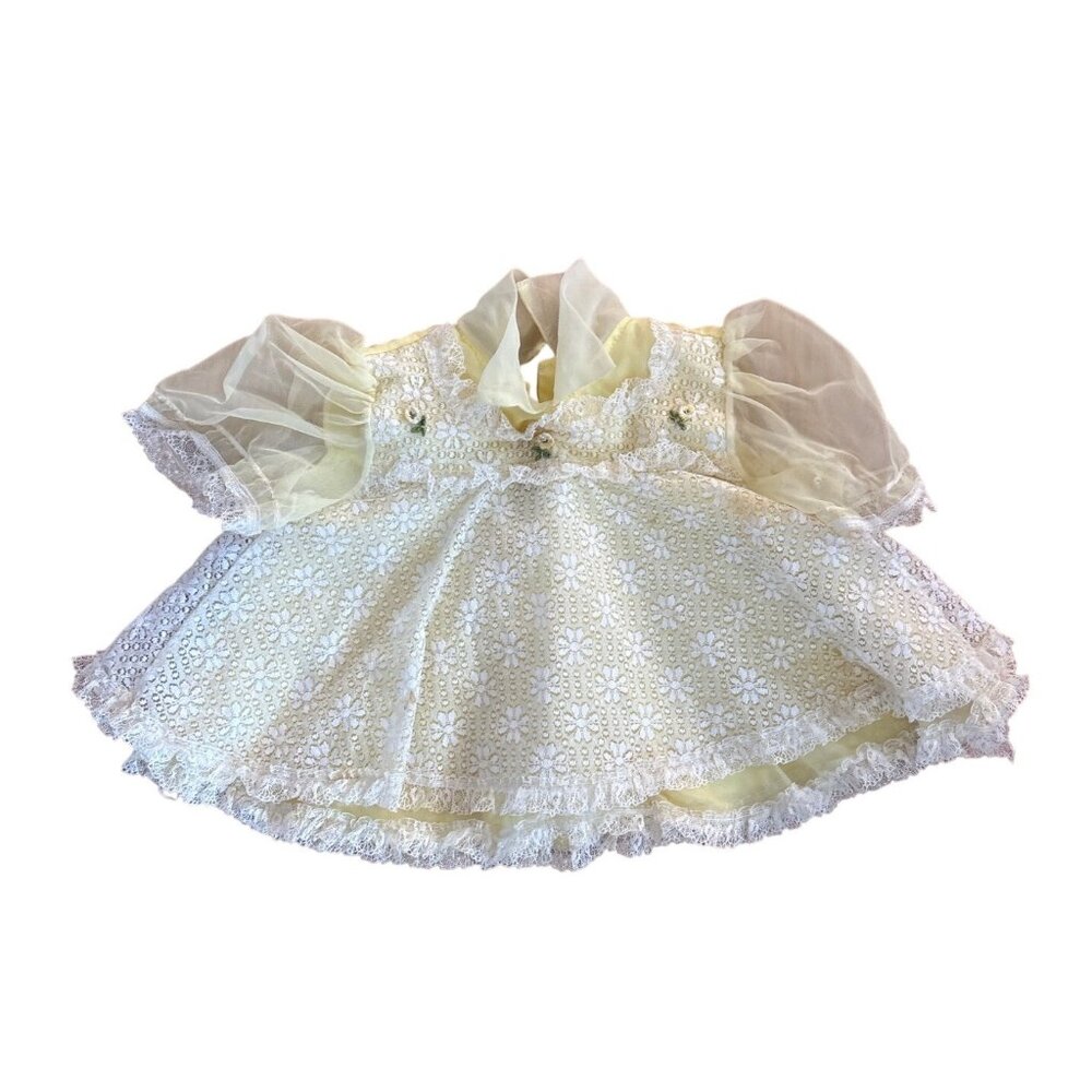 Lace Baby Dress Yellow 12 M Sheer Sleeves Floral Embroidery Lined Vintage Party